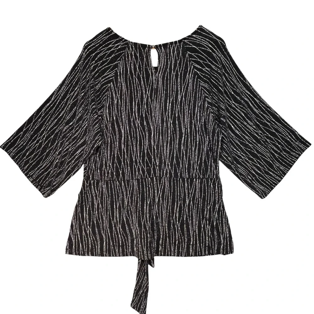 Anne Klein Black Silver Metallic Tie Front Blouse Womens Size‎ L